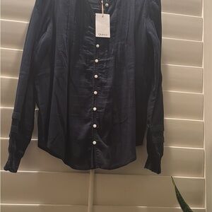 Quince Black Button Front Blouse Ruffle Collar Long Sleeve Top NWT Size M